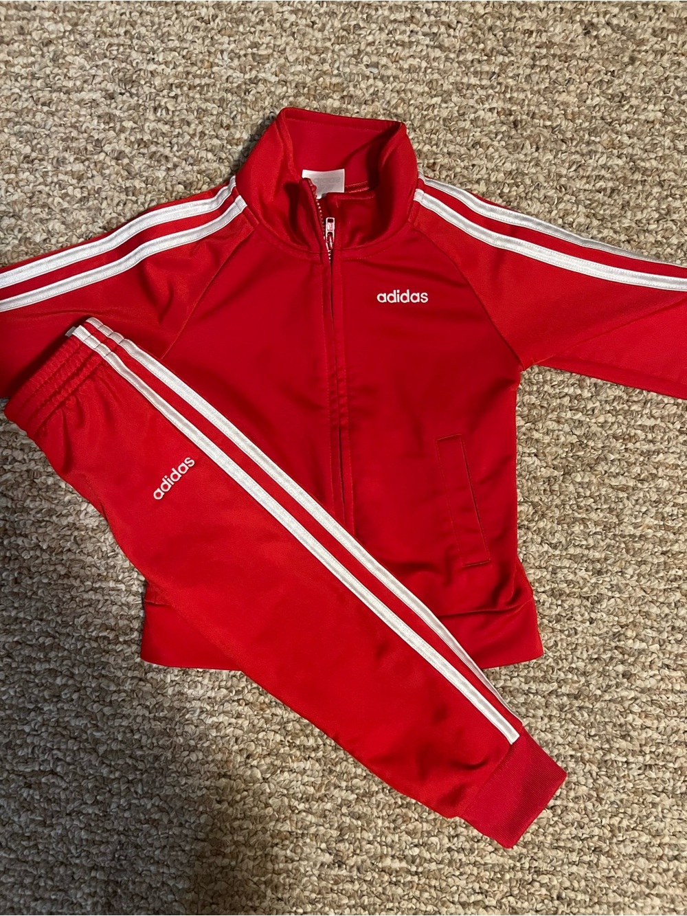adidas Kids Red Jogger Set with White Stripes